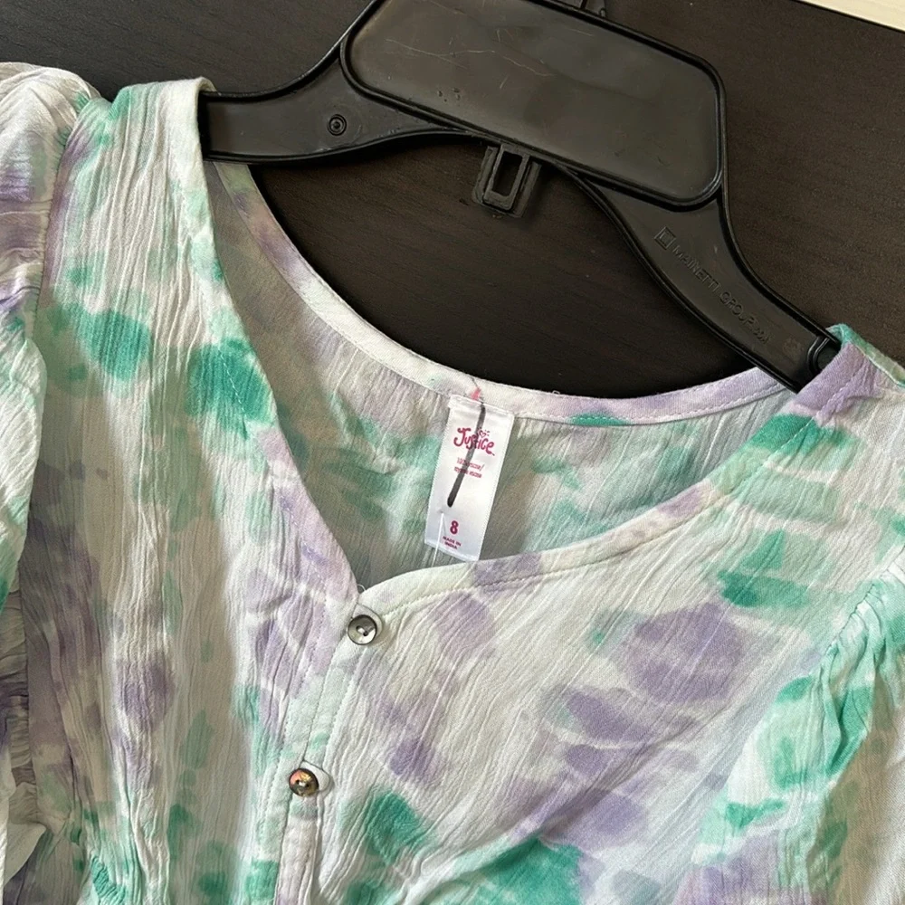 Justice Girls White Purple and Green Short Sleeve Ruffle Detailing Top